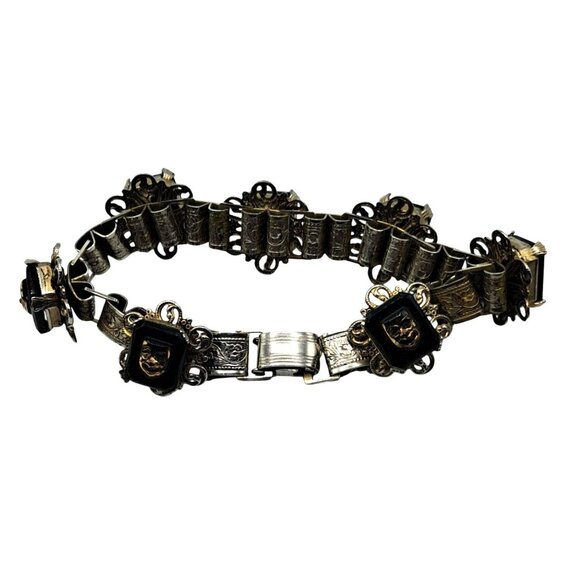 Vintage Comedy Tragedy Bookchain Bracelet Black Tile Link Gold Tone Masks Costum - Picture 6 of 6